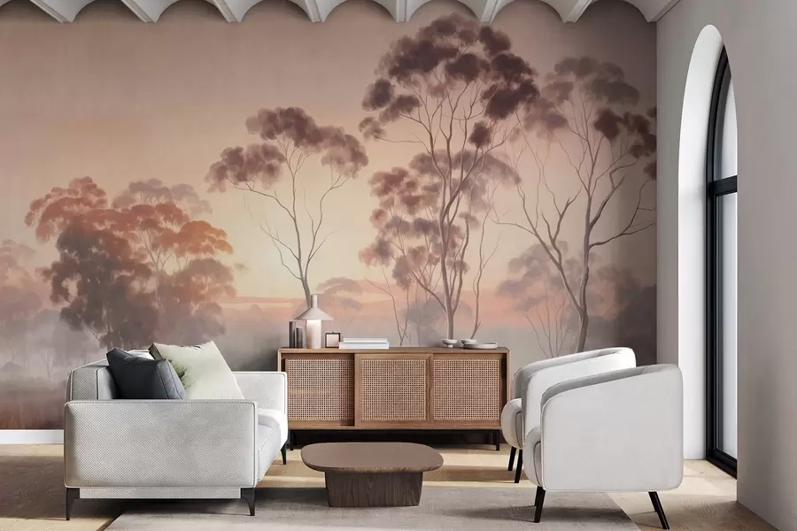 murales de pared Un paisaje con eucaliptos en un campo con cielo rosa pastel y naranja, una ligera niebla, pintura estilo texturizado w09367