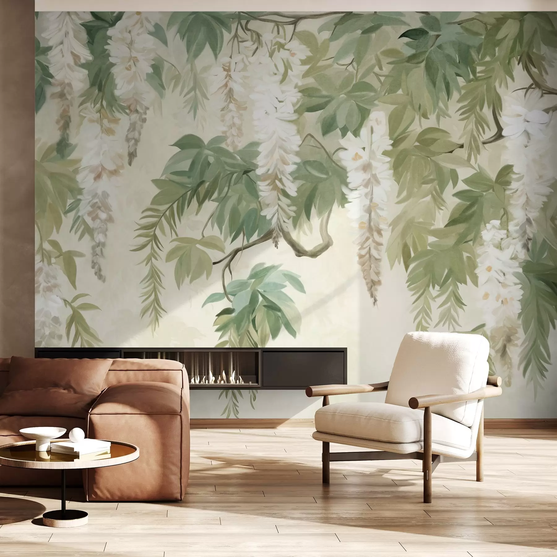 murales de pared Ramas de glicinas con flores blancas y hojas verdes, fondo verde, estilo de pintura vintage con textura w09375