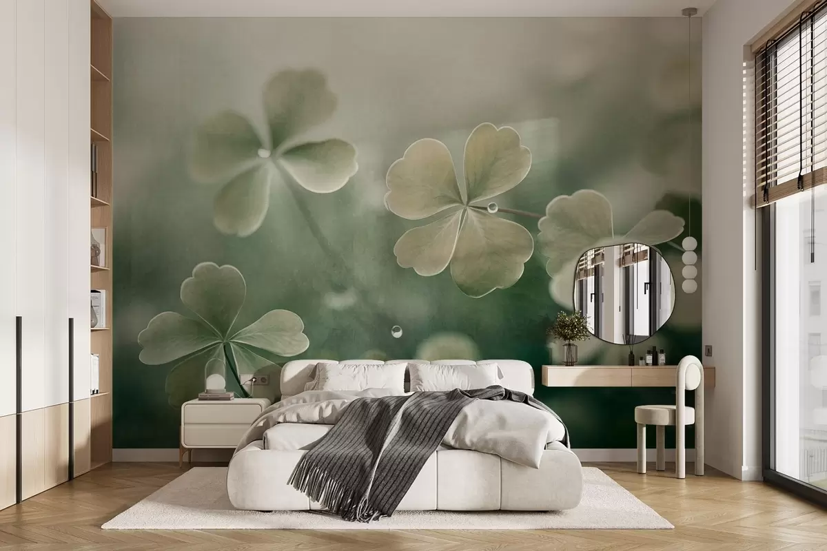 murales de pared Tréboles de cuatro hojas con gotas de agua, color verde claro, enfoque suave, fondo borroso, impresión con textura w09376