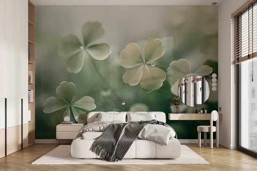 murales de pared Tréboles de cuatro hojas con gotas de agua, color verde claro, enfoque suave, fondo borroso, impresión con textura w09376