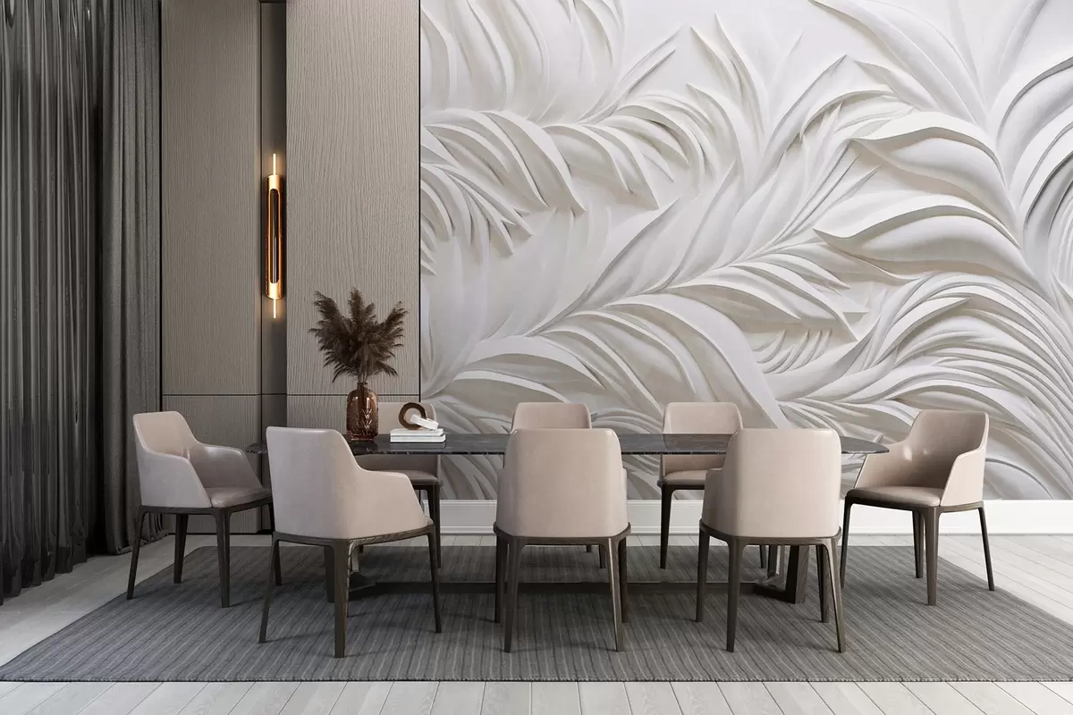 murales de pared Textura abstracta de hojas blancas y elementos florales, estética minimalista w09378