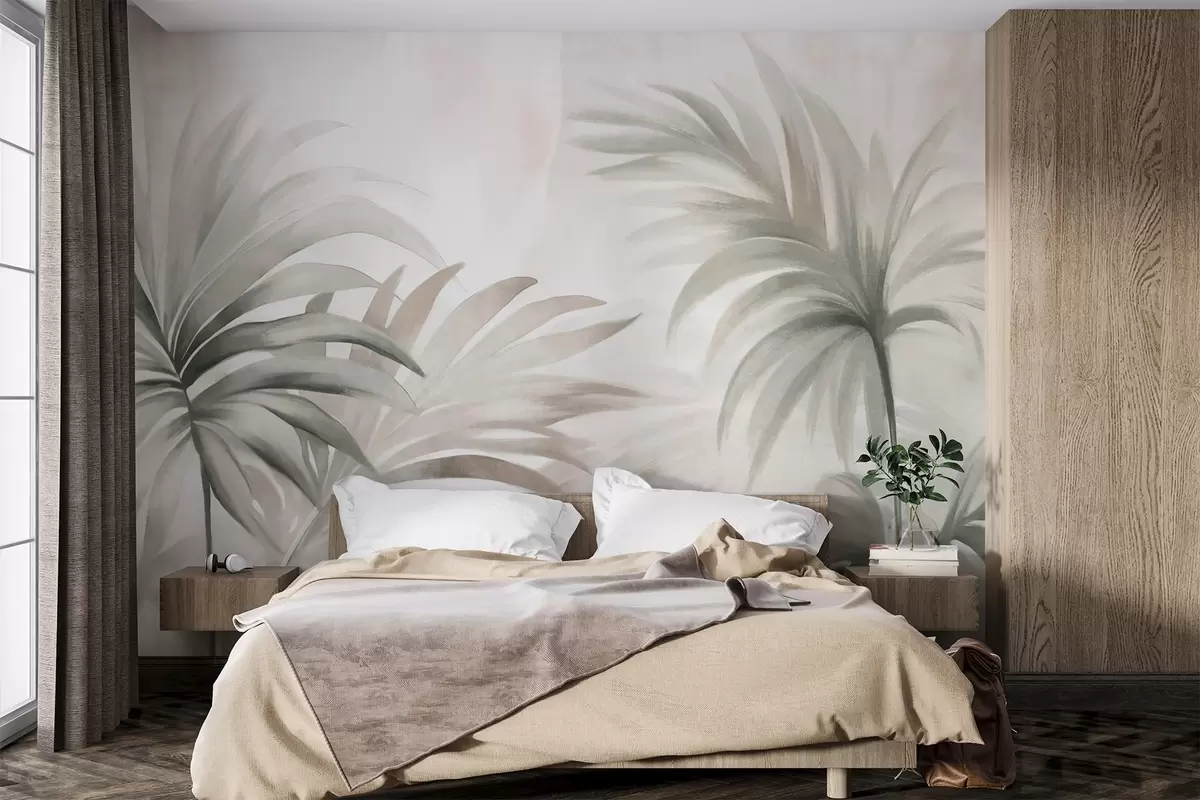 murales de pared Hojas de palmera texturizadas en colores neutros, fondo abstracto beige, pinceladas suaves, follaje tropical texturizado w09380