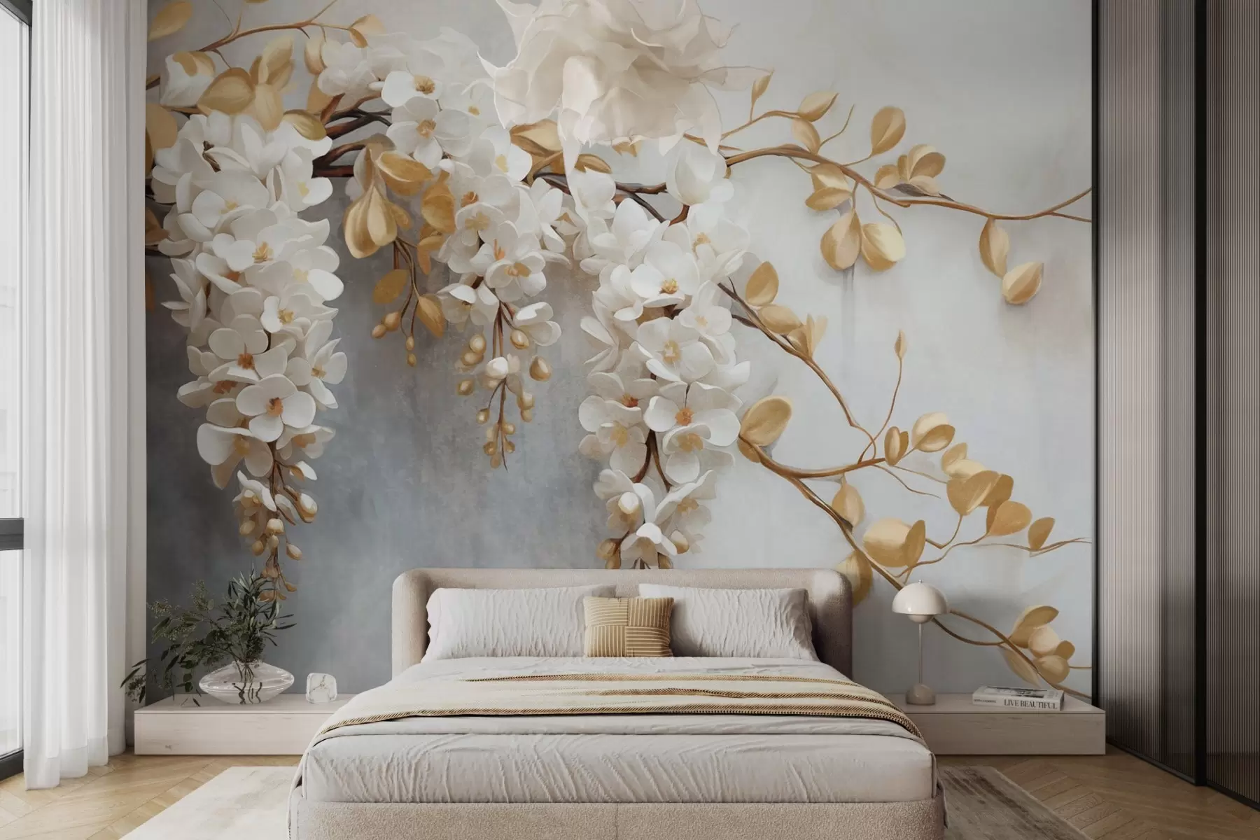 murales de pared Flores blancas de glicinia con hojas amarillas sobre una rama, cayendo en cascada sobre un fondo blanco texturado, pétalos delicados w09381