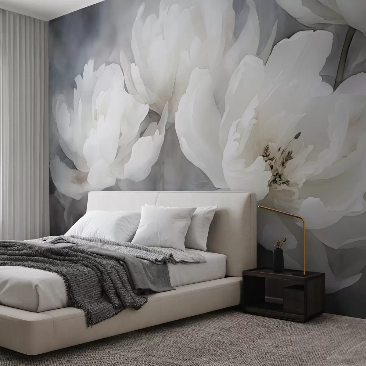 murales de pared Flores blancas sobre un fondo brumoso y delicado w04441