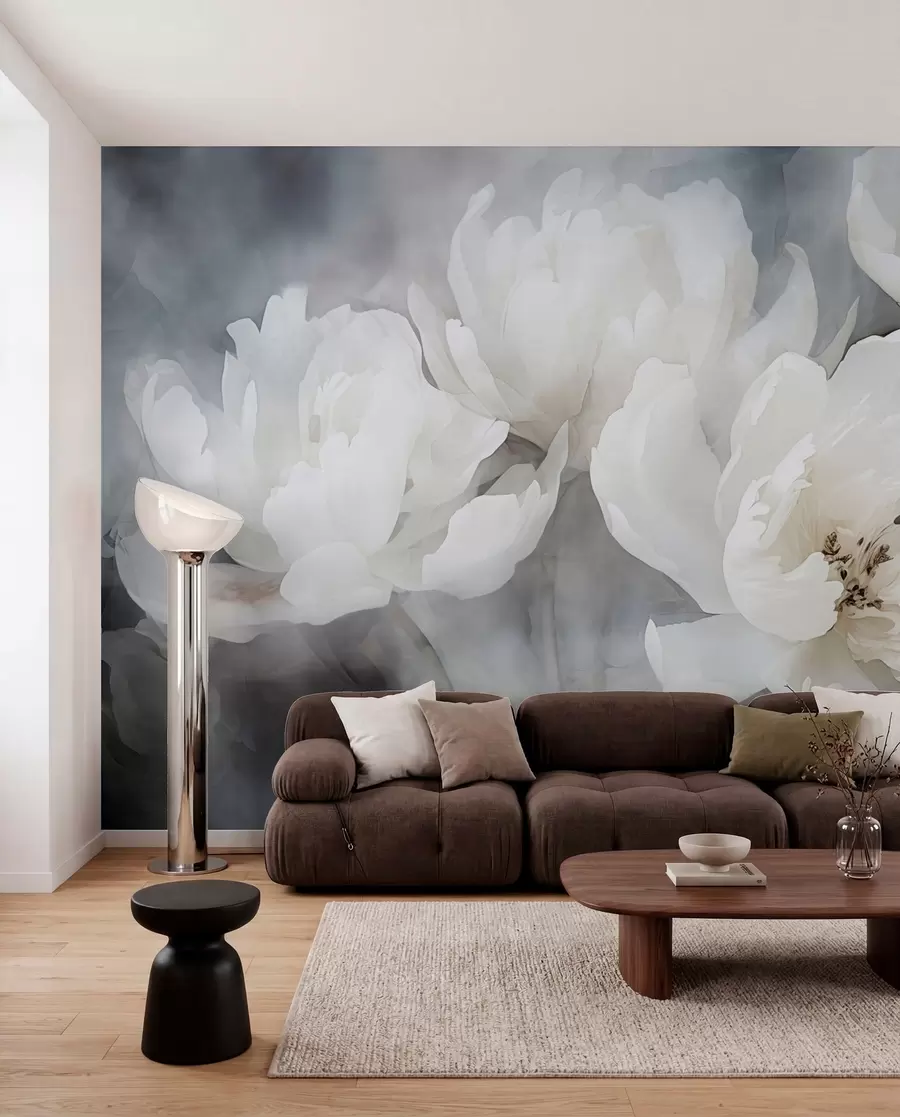 murales de pared Flores blancas sobre un fondo brumoso y delicado w04441