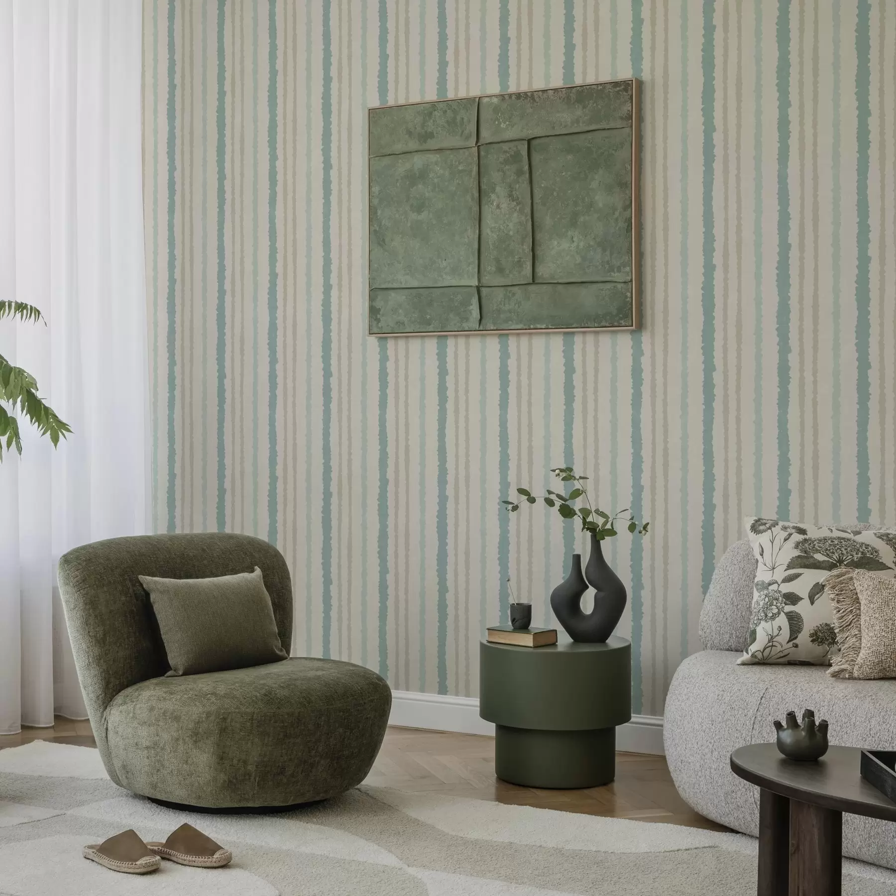 murales de pared Rayas turquesa-beige con efecto pintado a mano a00510v1