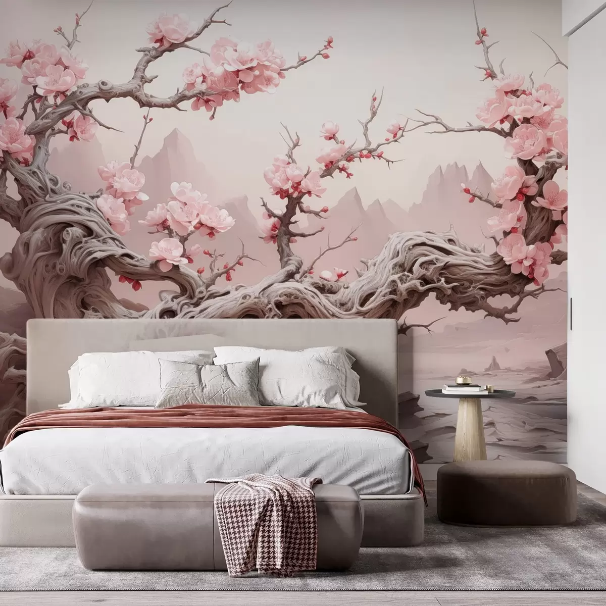 murales de pared Tronco de árbol retorcido con sakura rosa en flor w09388