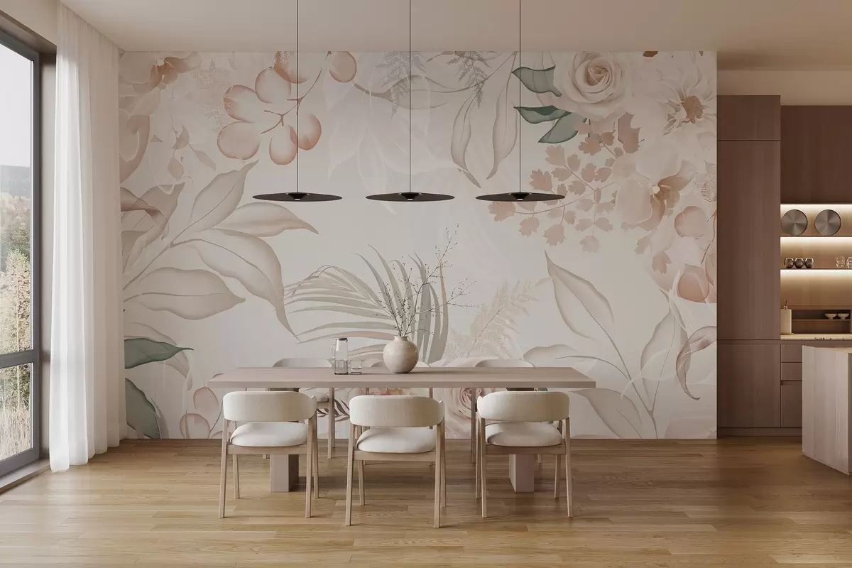 murales de pared Arreglo floral con textura, compuesto por rosas, orquídeas, eucalipto y hojas de palmera en colores pastel, con fondo beige w09393