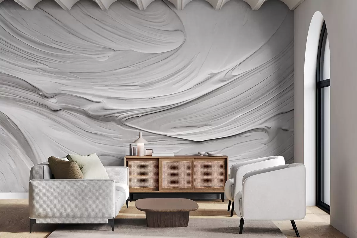 murales de pared Imitaciones de pinceladas abstractas de pintura blanca con textura y un patrón en espiral, composición moderna minimalista y neutra w09394
