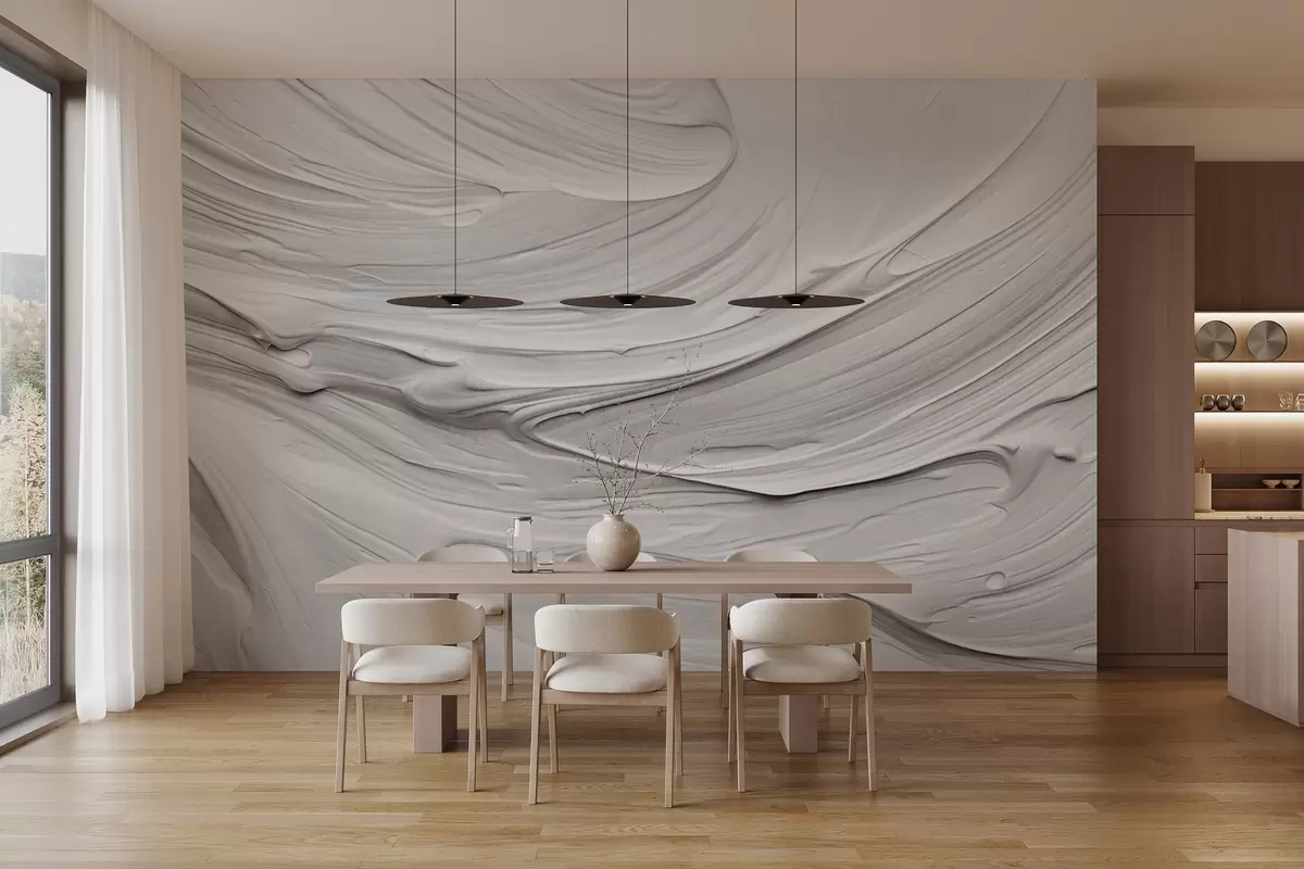 murales de pared Imitaciones de pinceladas abstractas de pintura blanca con textura y un patrón en espiral, composición moderna minimalista y neutra w09394