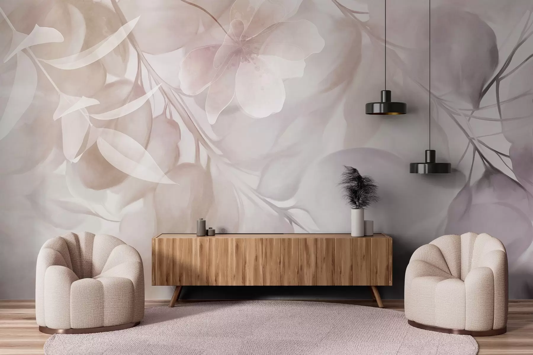 murales de pared Arte floral con flores, hojas y ramas en tonos beige y marrón apagados, colores pastel suaves y efecto texturizado acuarela w09397