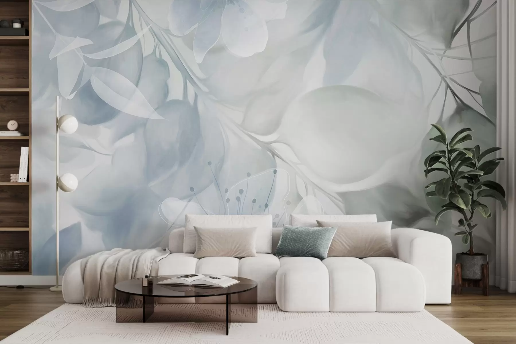 murales de pared Arte floral con flores, hojas y ramas en tonos azules y verdes apagados, colores pastel suaves y efecto textura acuarela w09397v1