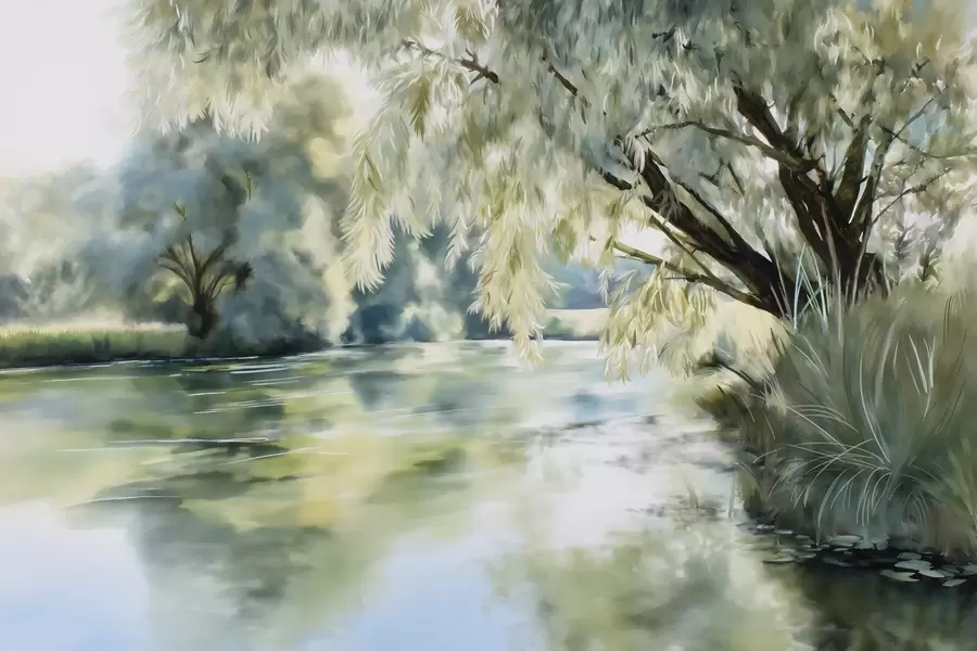 murales de pared árbol de estilo acuarela sobre el lago w04501