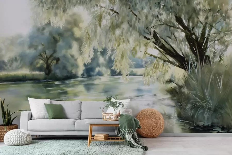 murales de pared árbol de estilo acuarela sobre el lago w04501