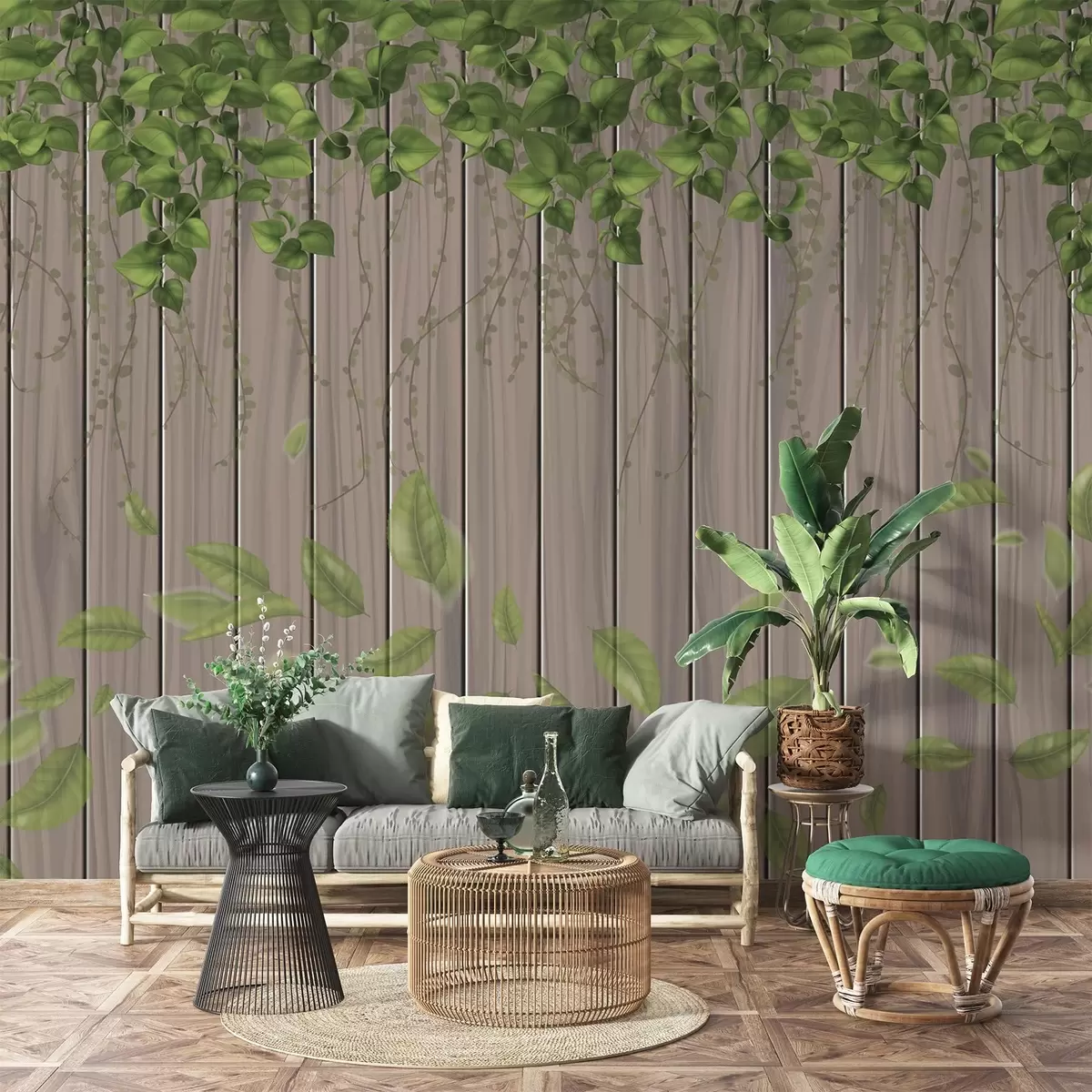 murales de pared Tablas de madera imitación con hojas colgantes w04603
