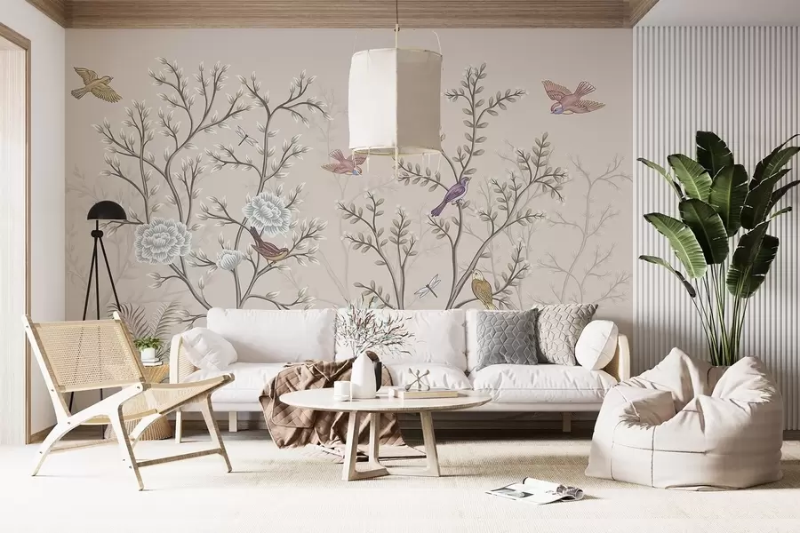 murales de pared Árboles con pájaros y flores w04605