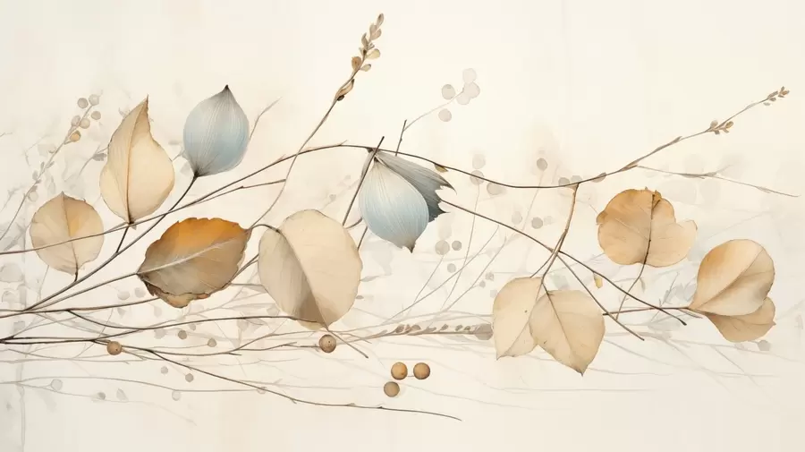 murales de pared Ramas delicadas con hojas en tonos beige w04579