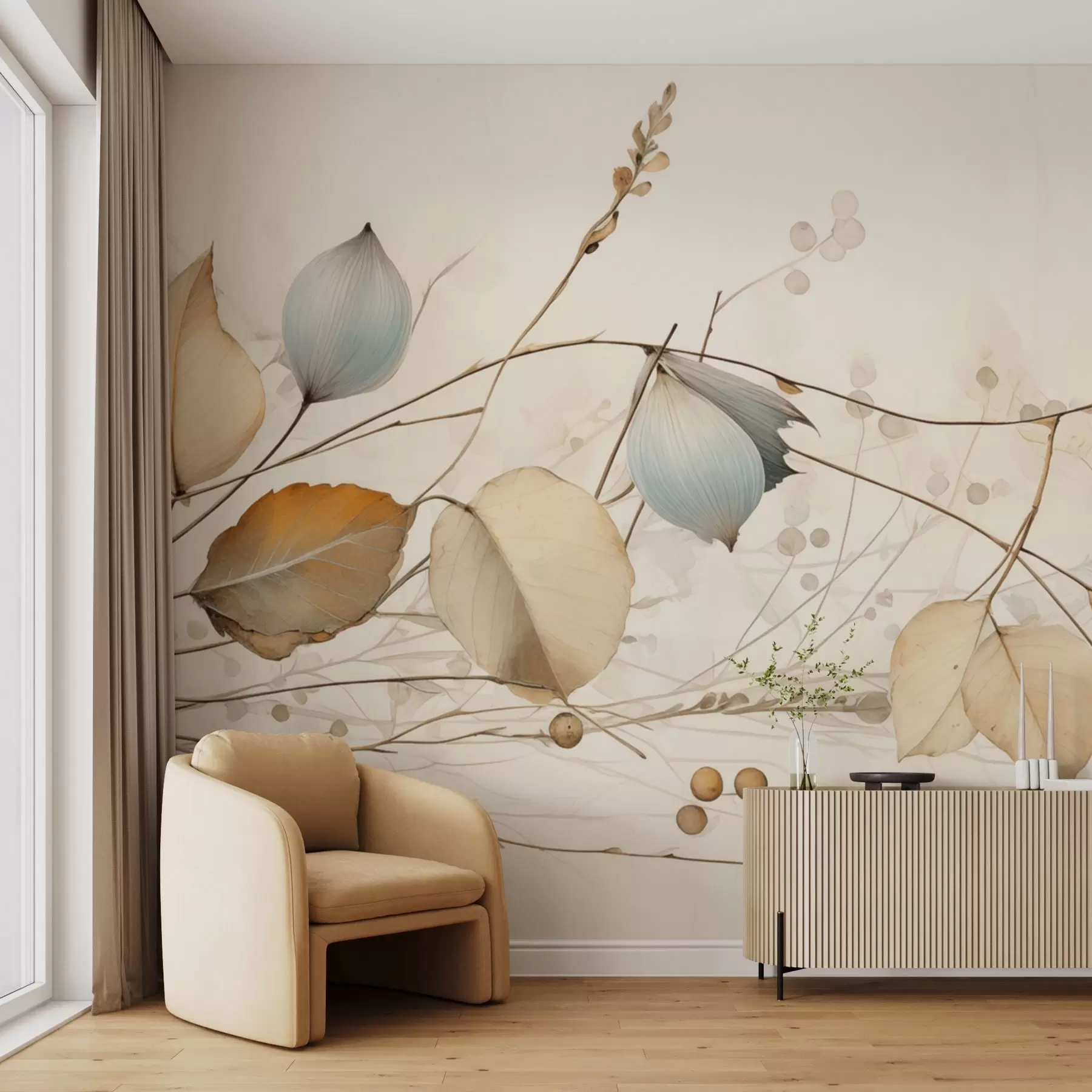 murales de pared Ramas delicadas con hojas en tonos beige w04579