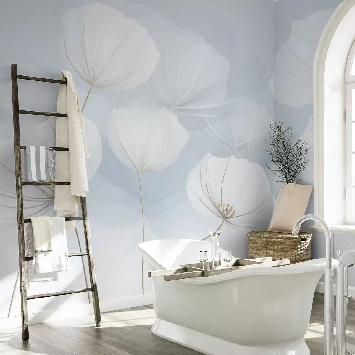 murales de pared Flores blancas y aireadas sobre fondo azul w04580