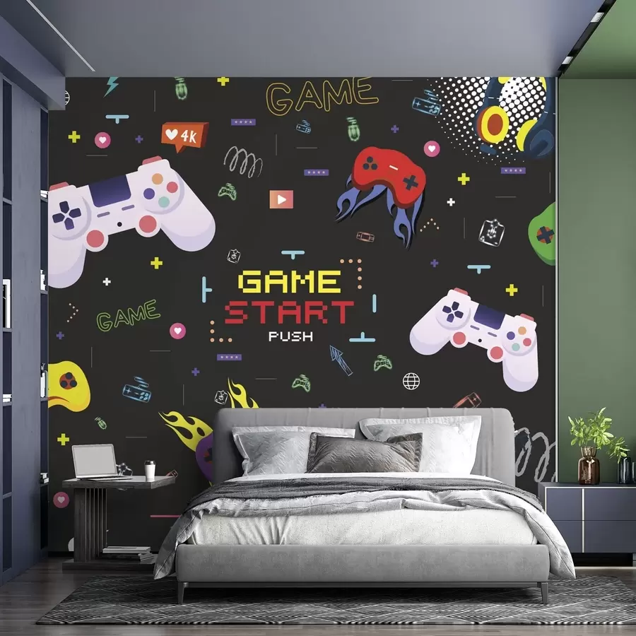 murales de pared Diseño llamativo para gamers con consolas y texto pixelado w04581