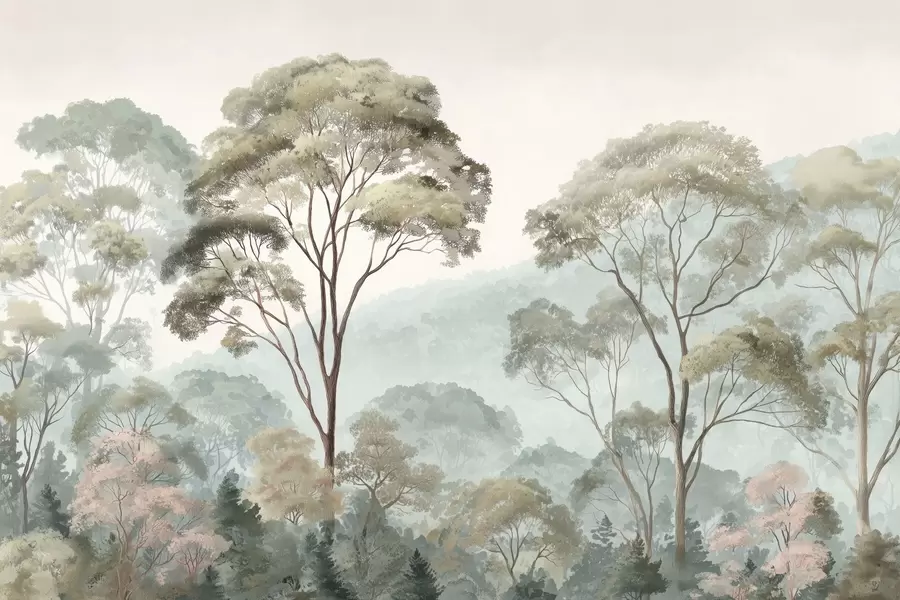 murales de pared Mañana brumosa en el bosque en estilo acuarela w09405