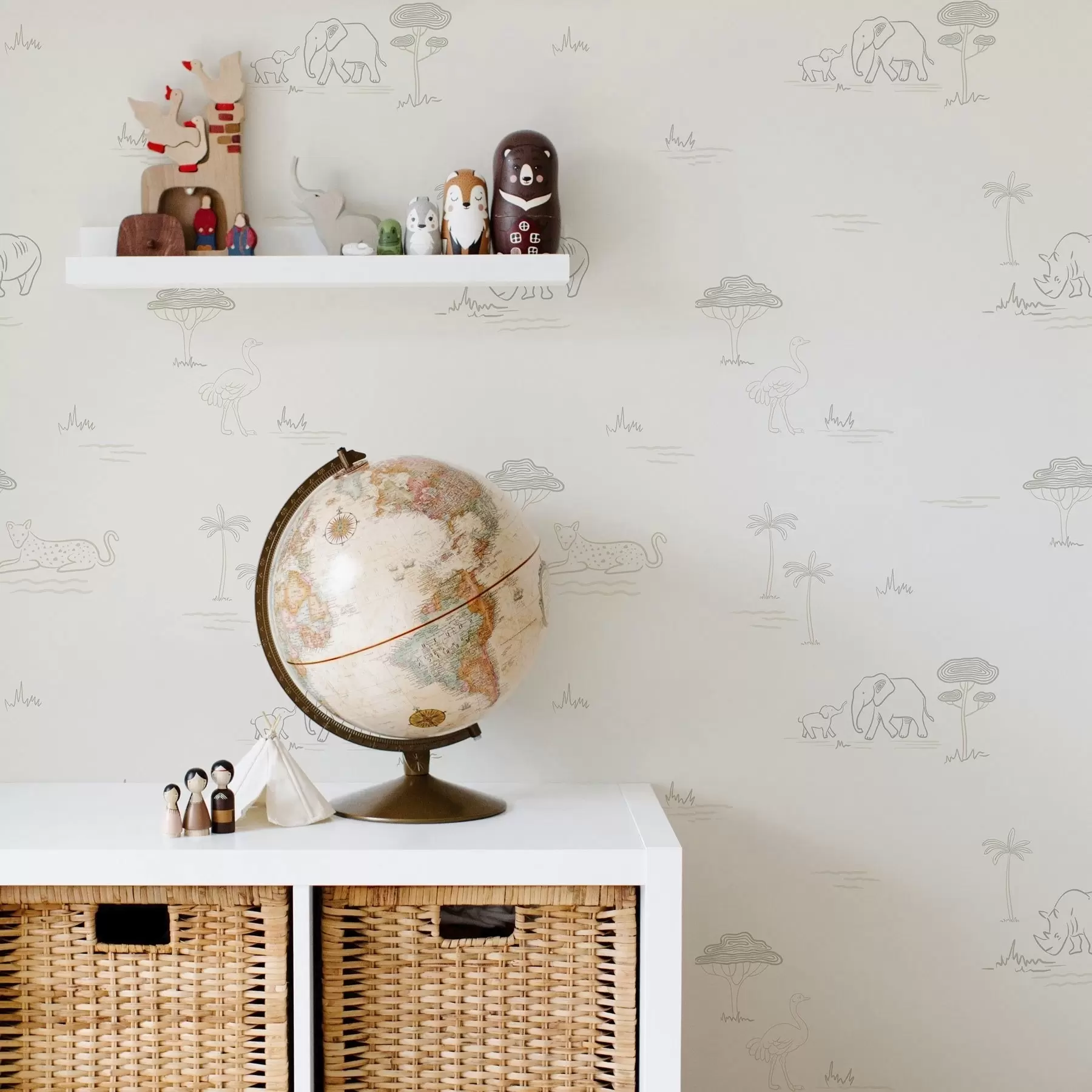 murales de pared Safari minimalista: elefantes, rinocerontes, leopardos y palmeras a00492