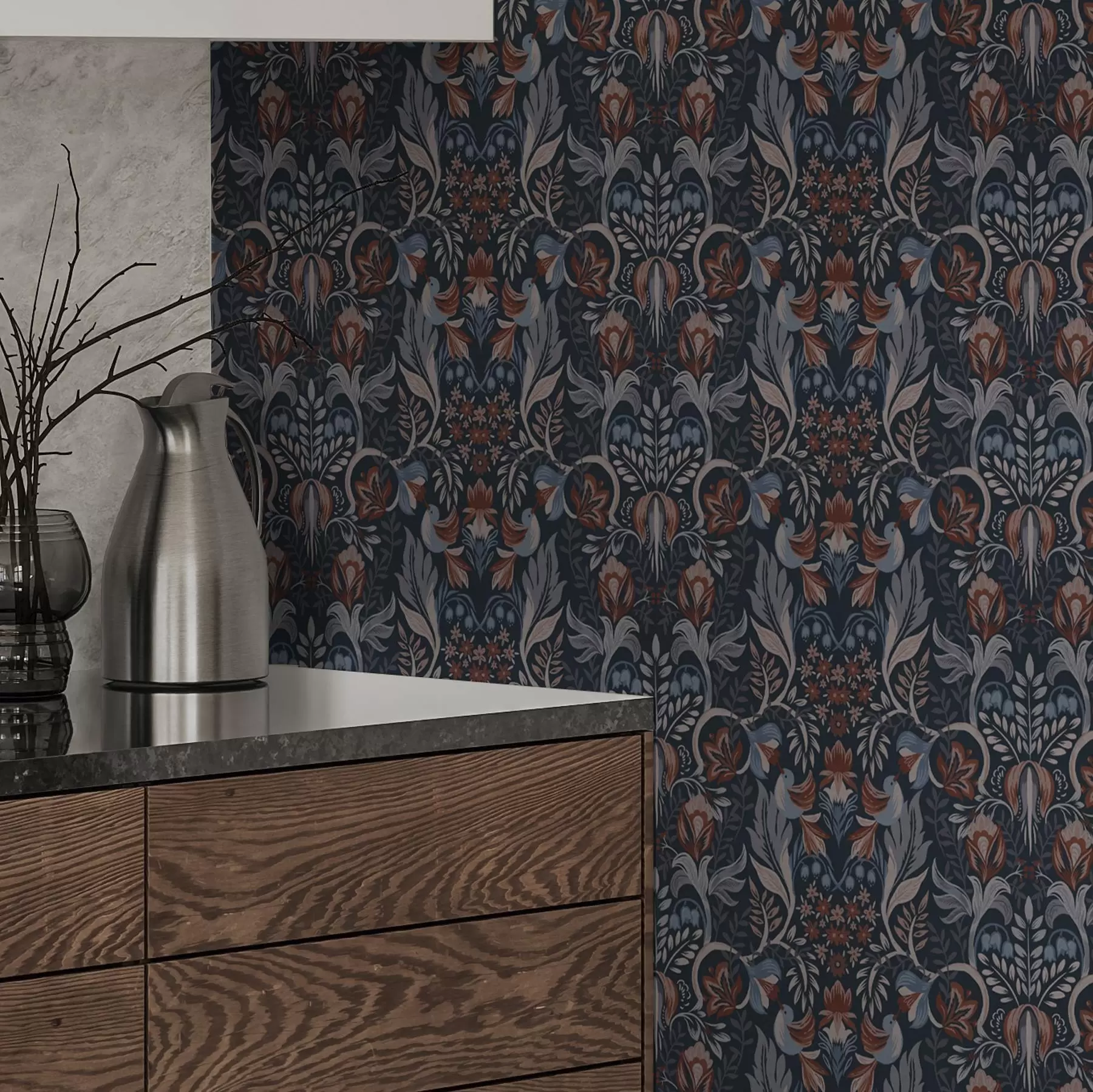 murales de pared Adorno popular con pájaros, índigo intenso a00502v1