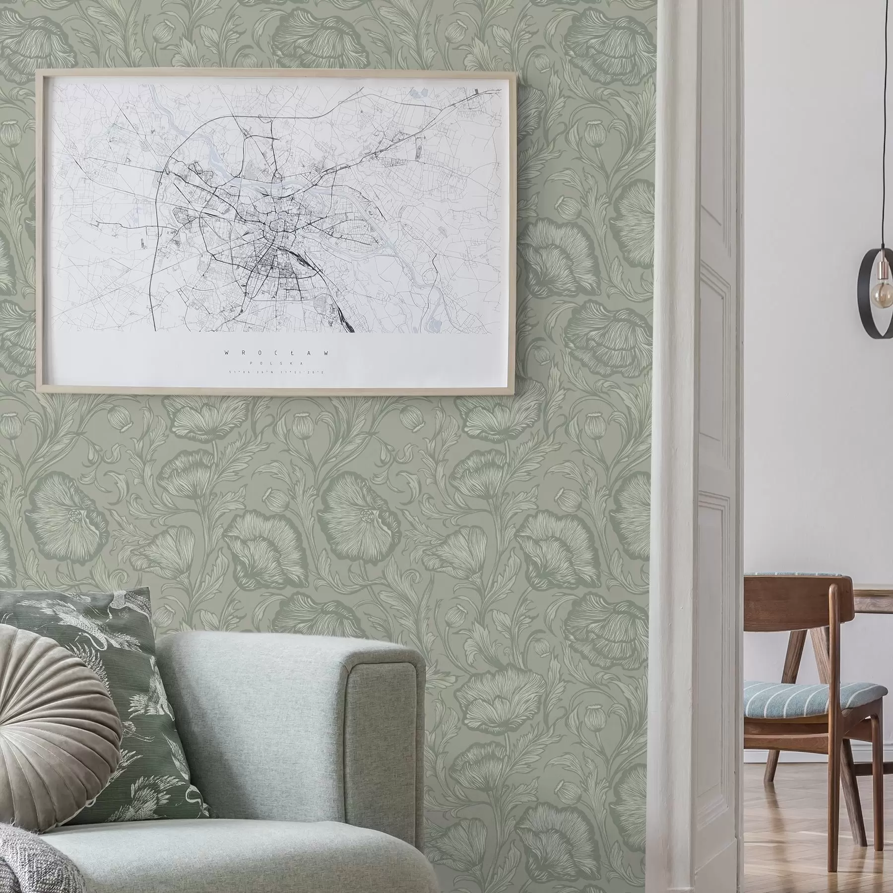 murales de pared Amapolas en línea sobre un fondo gris verdoso a00572v1