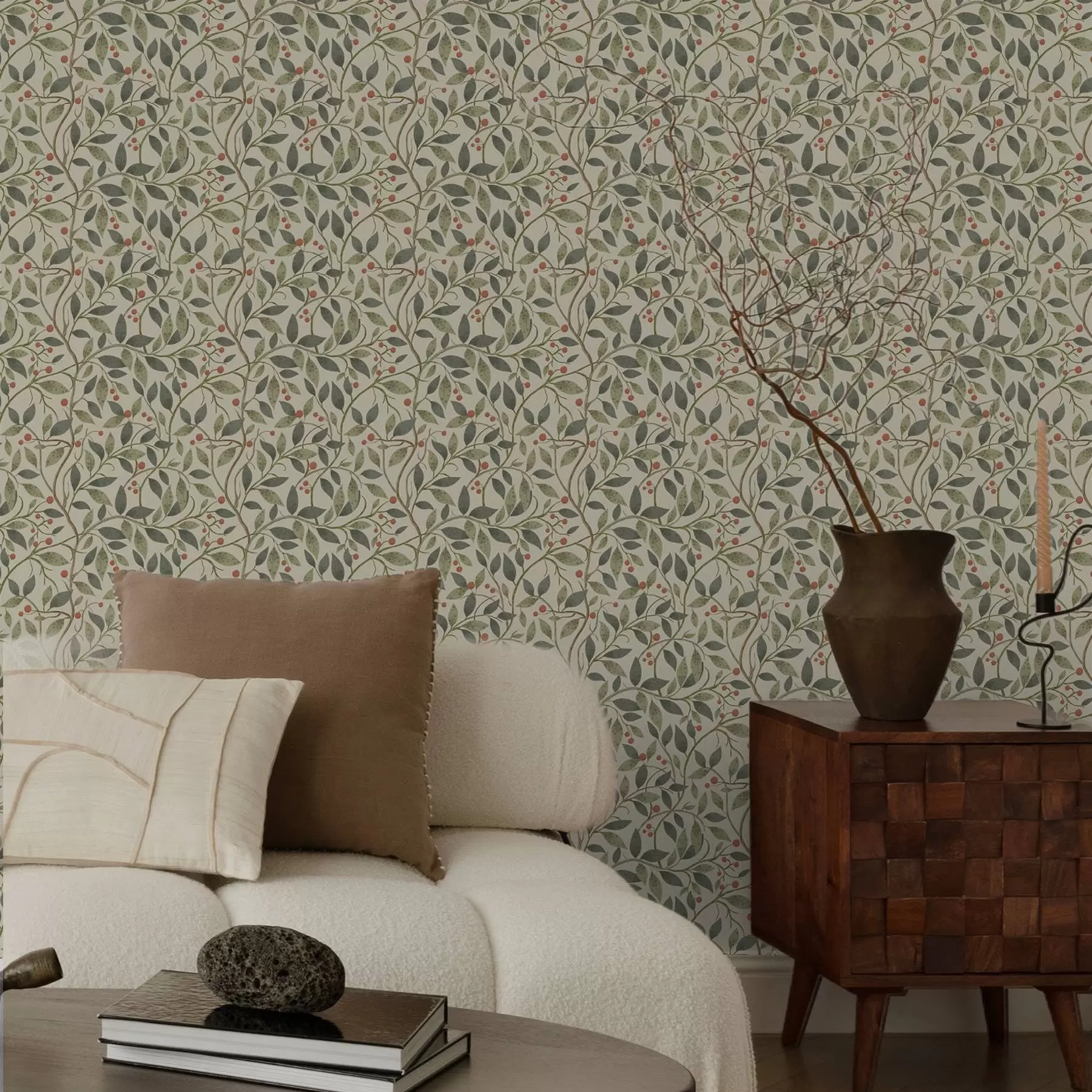 murales de pared Ramas de olivo con bayas sobre un fondo cálido y claro a00573