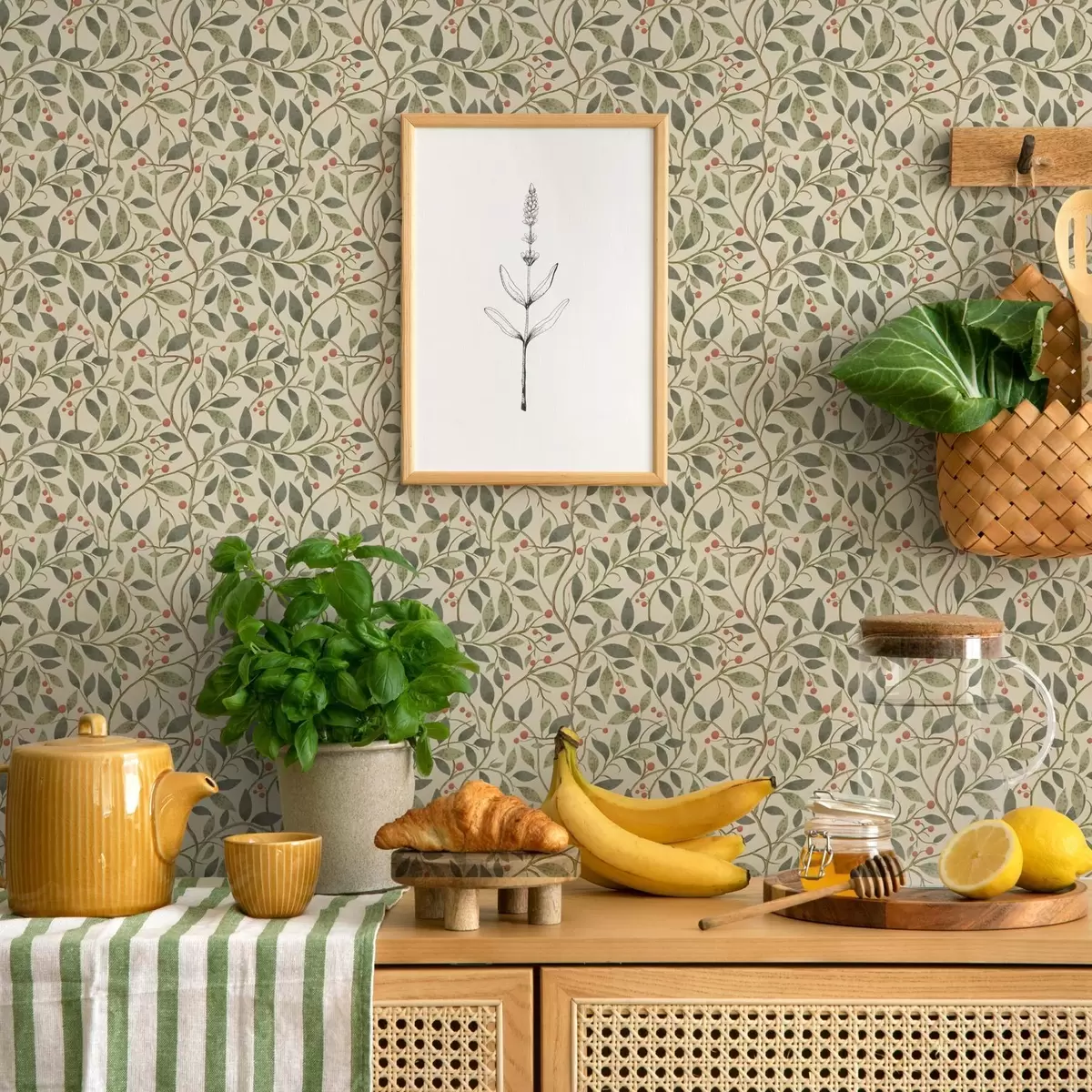 Papel pintado Ramas de olivo con bayas sobre un fondo cálido y claro a00573