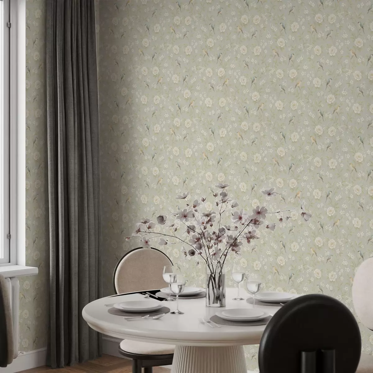 Papel pintado Pájaros entre flores blancas sobre un fondo gris verdoso a00583