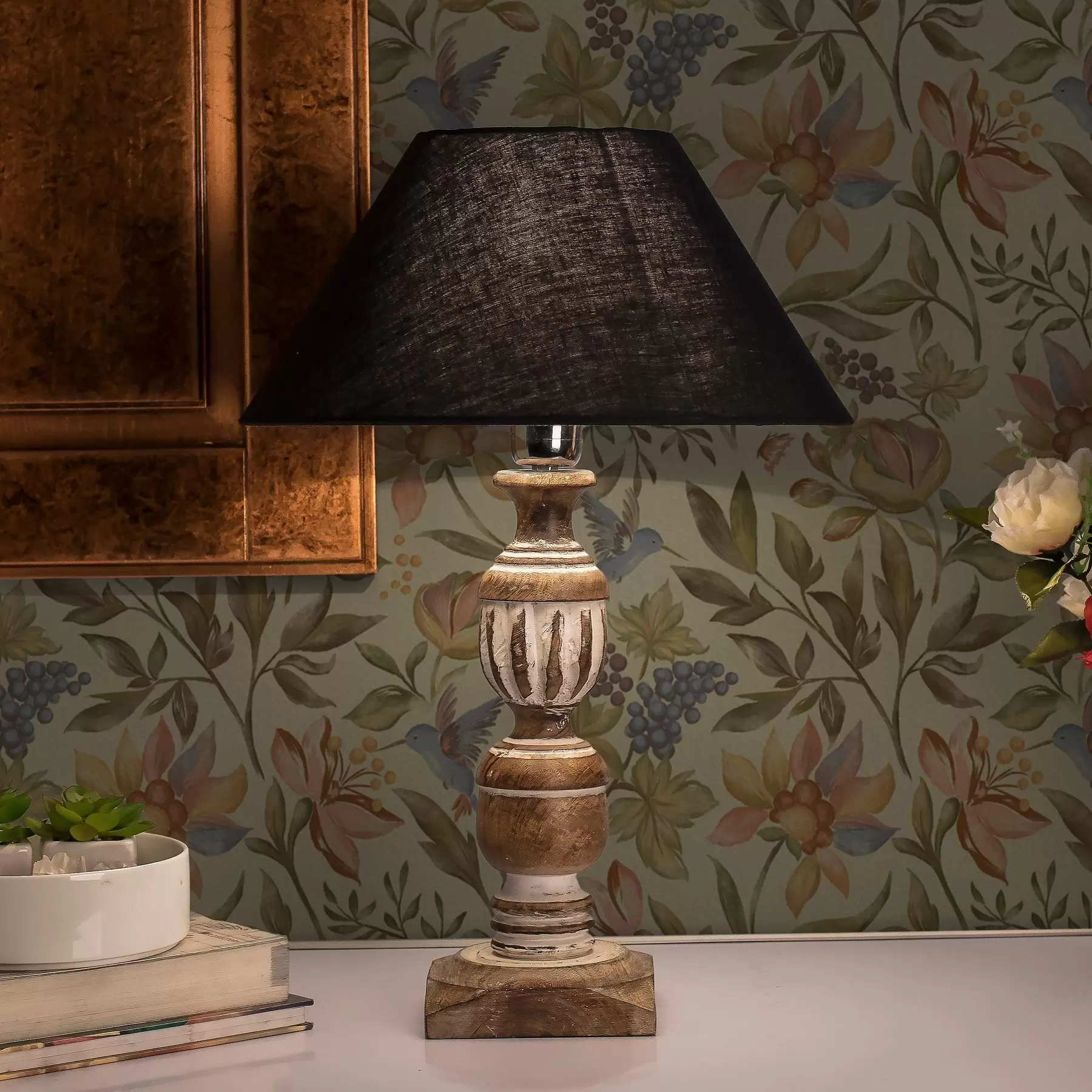 murales de pared Flores y pájaros vintage con uvas sobre fondo oliva a00594