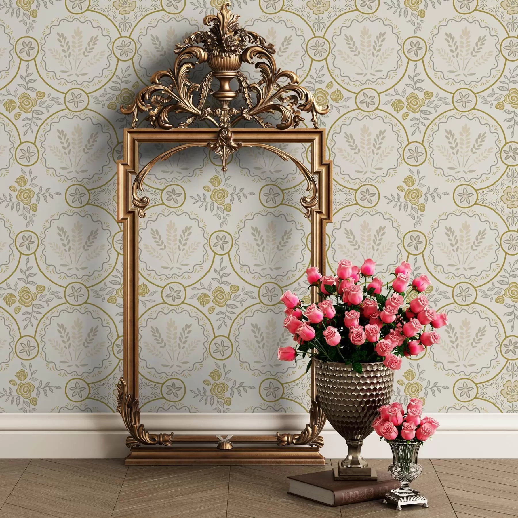 murales de pared Adorno retro con trigo y rosas a00595