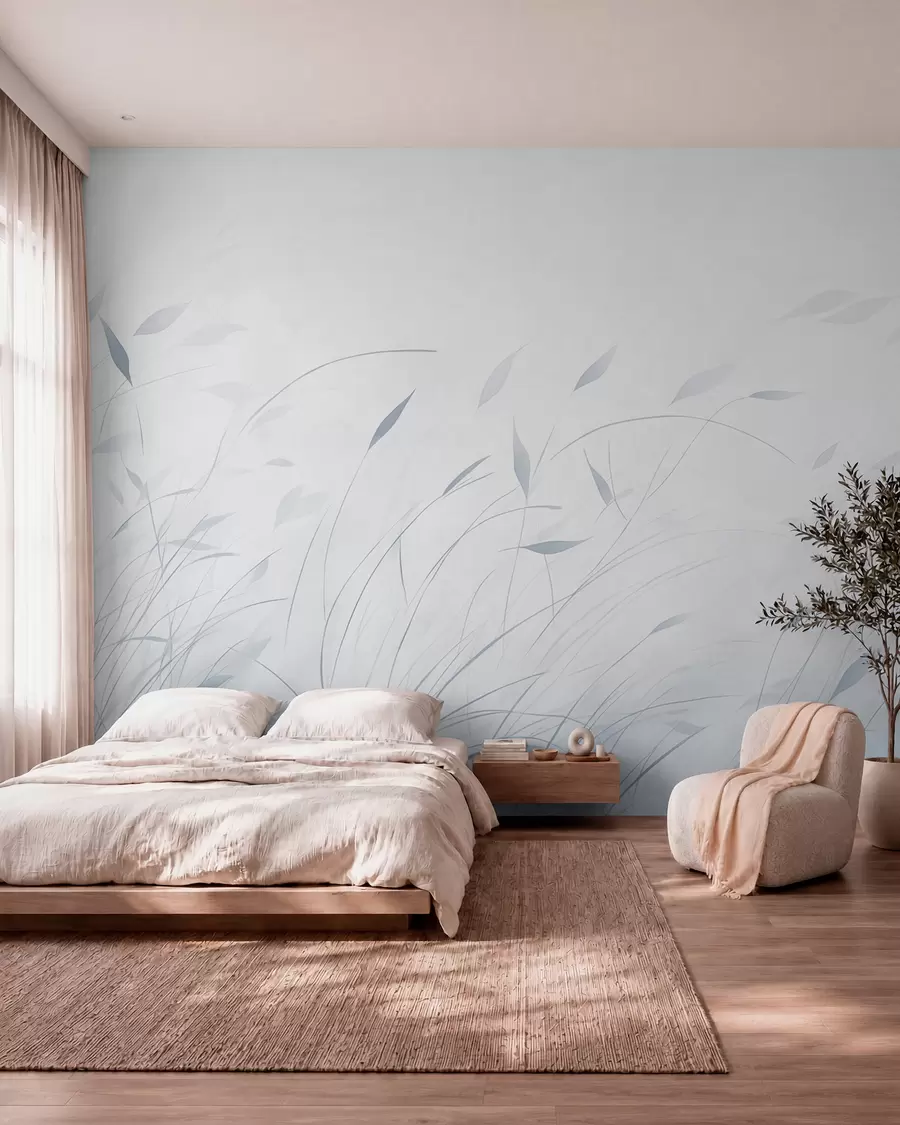 murales de pared Hierba al viento en estilo acuarela en tonos azules w09331v2
