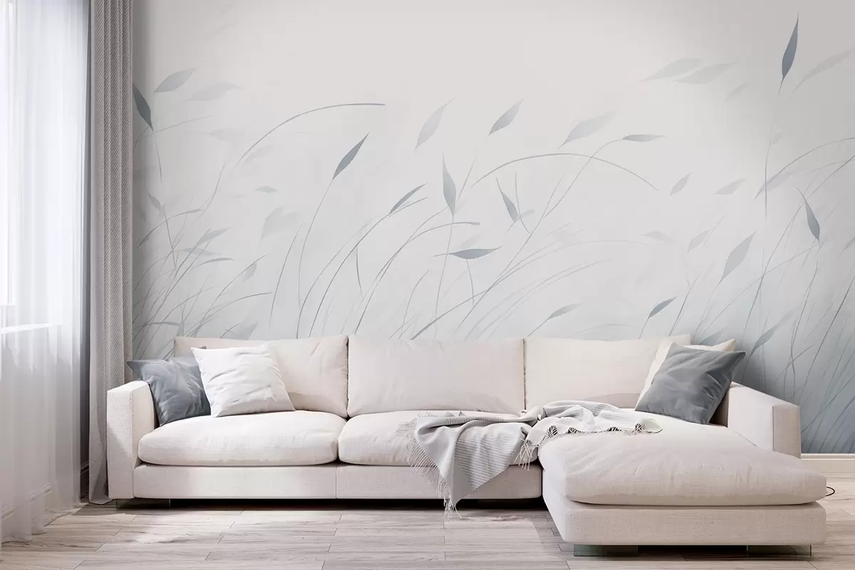 murales de pared Hierba al viento en estilo acuarela en tonos azules w09331v2