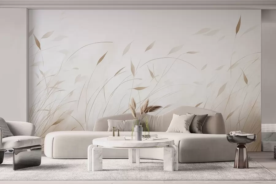 murales de pared Hierba al viento en estilo acuarela en tonos beige w09331v1