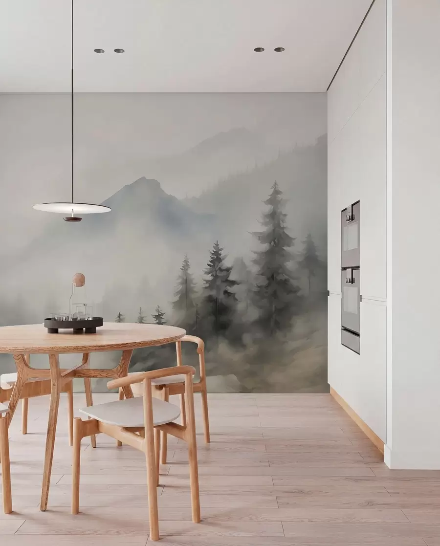 murales de pared Bosque en la niebla con las montañas como telón de fondo w04493