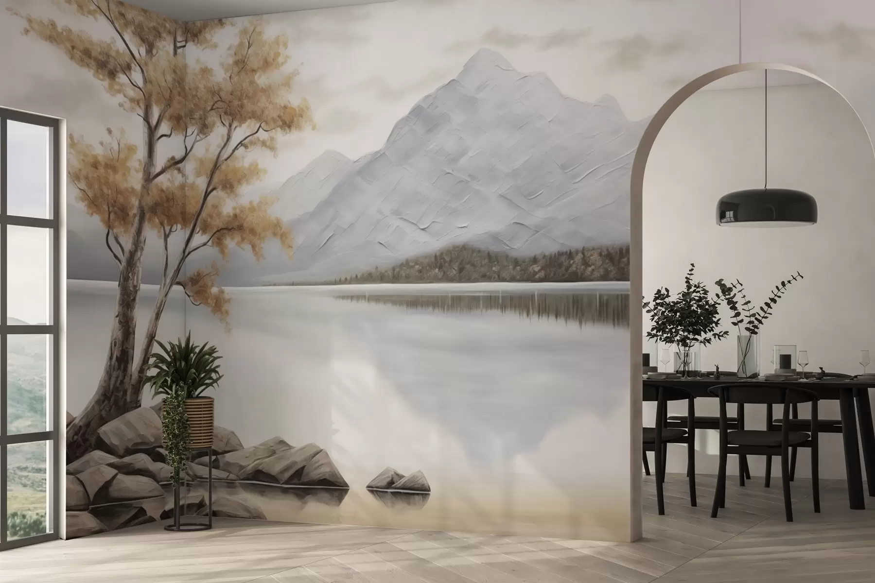 murales de pared Árbol otoñal junto a un lago de montaña, tranquilos tonos pastel w04611