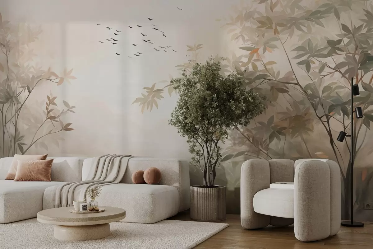 murales de pared Paisaje texturizado con árboles y una bandada de pájaros volando en el cielo, colores pastel, escena natural w09418