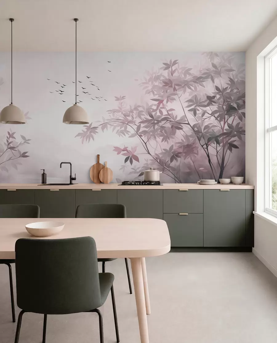 murales de pared Paisaje texturizado con árboles y una bandada de pájaros volando en el cielo, colores pastel, escena natural w09418v1