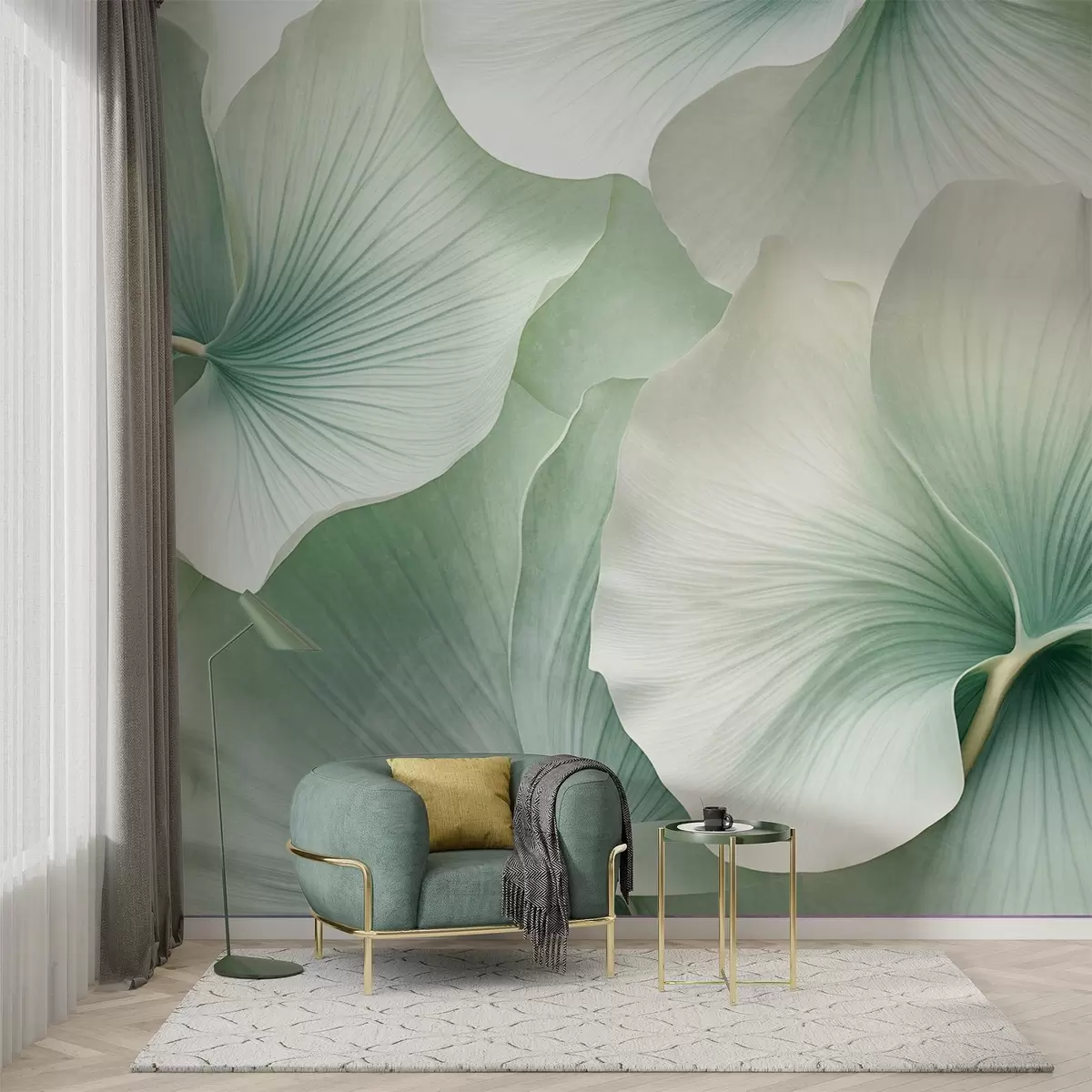 murales de pared Hojas de ginkgo blancas y verdes, textura suave, fondo floral abstracto, estilo minimalista moderno w09421