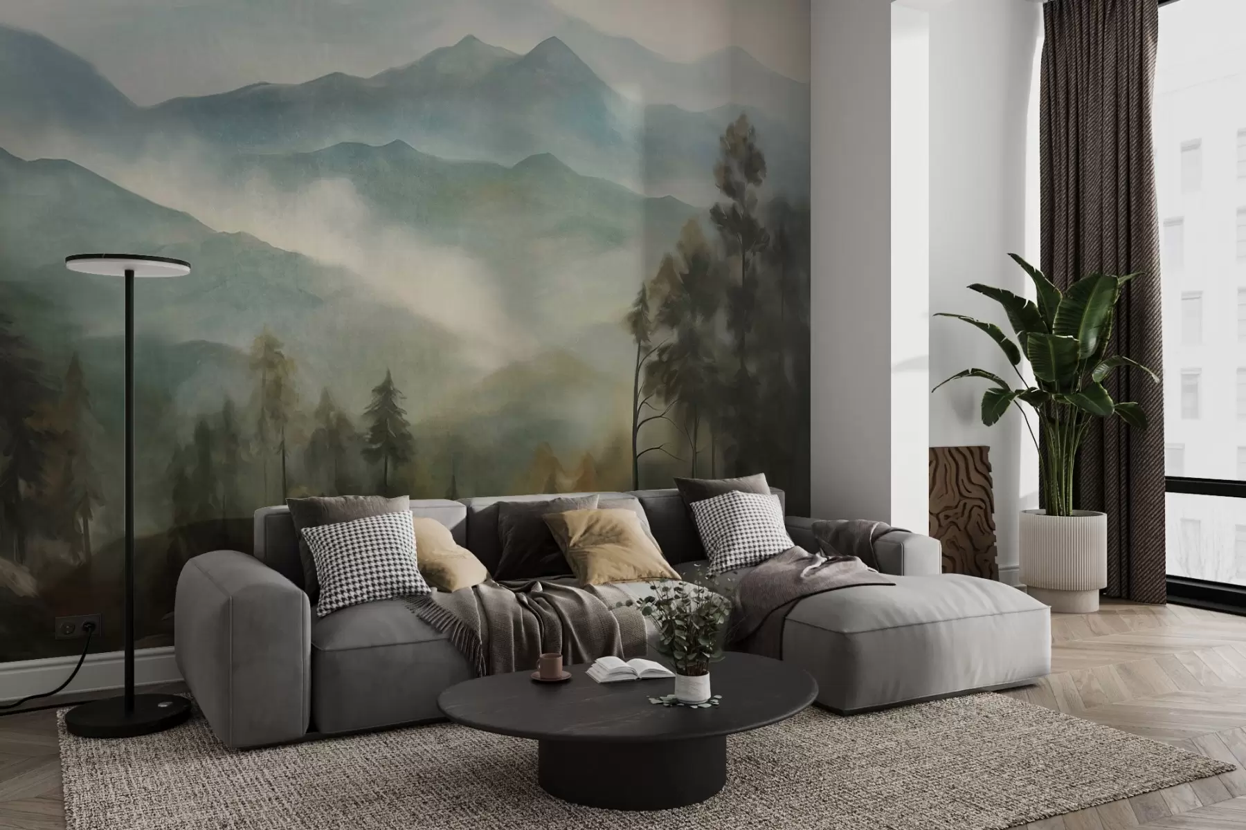 murales de pared Cordillera brumosa con árboles, niebla, cielo nublado, colores apagados, estilo de pintura paisajística w09424