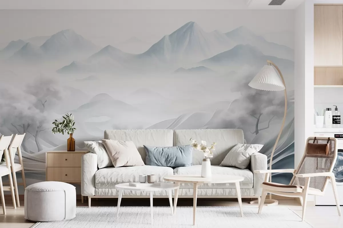 murales de pared Paisaje montañoso abstracto nevado con árboles blancos y niebla, estilo minimalista con textura w09426