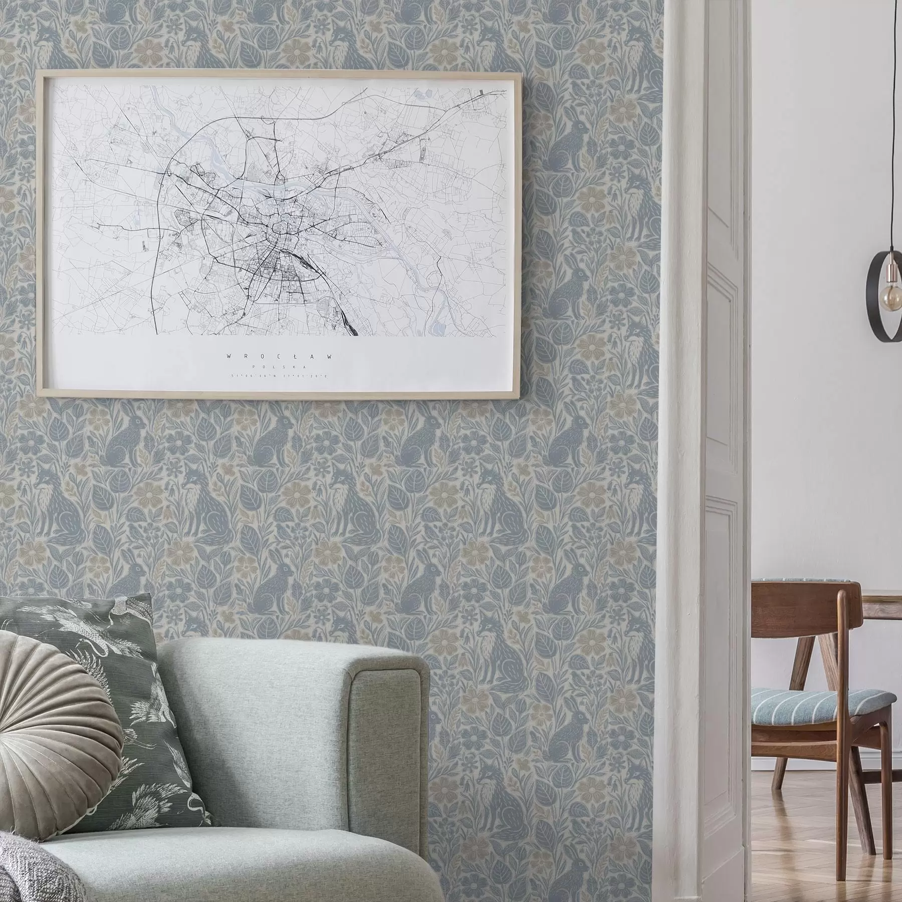 murales de pared Animales y flores del bosque: zorro y liebre en tonos azules a00613