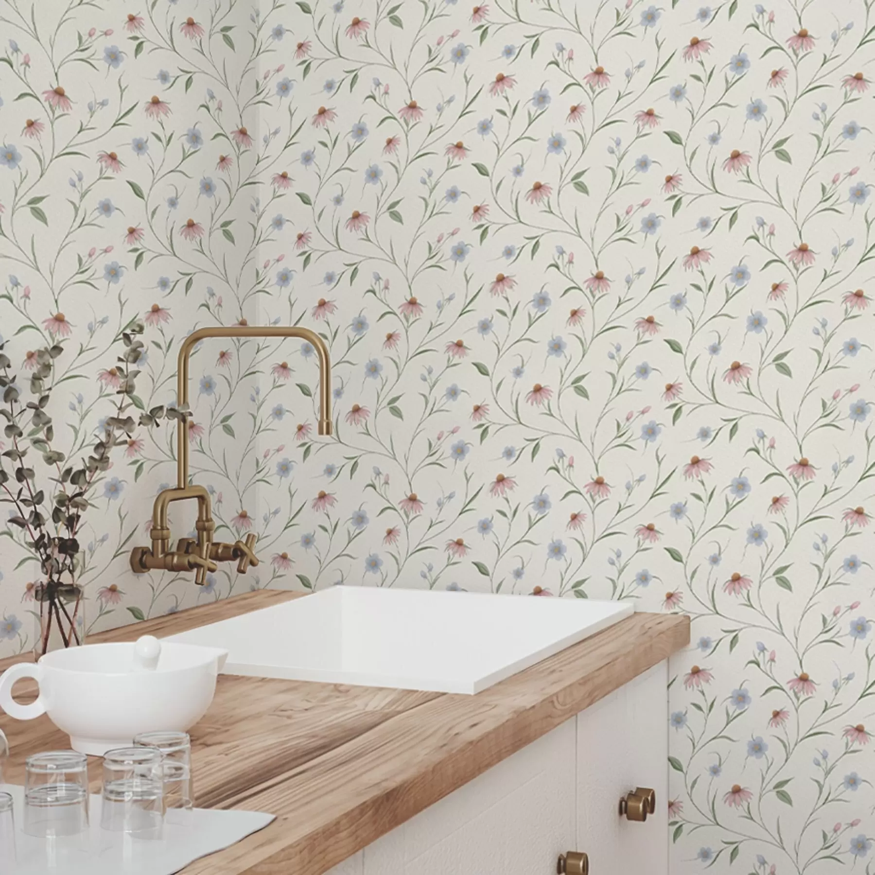 murales de pared Margaritas silvestres y equinácea sobre fondo crema, luminosidad a00614