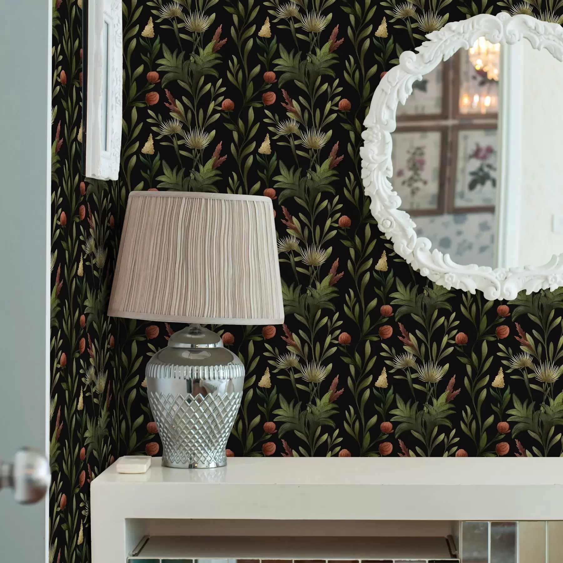 murales de pared Hierbas altas y flores sobre fondo negro, estampado detallado a00620