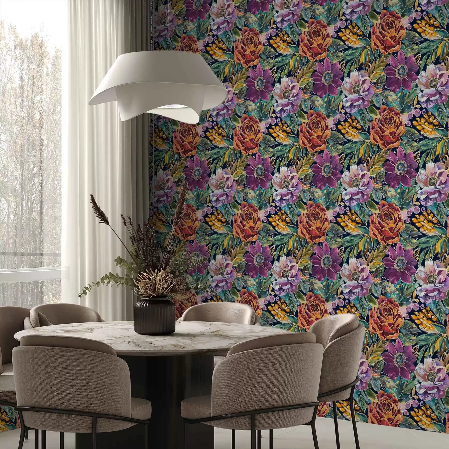 murales de pared Flores grandes y llamativas pintadas con pincel sobre un fondo azul oscuro a00643
