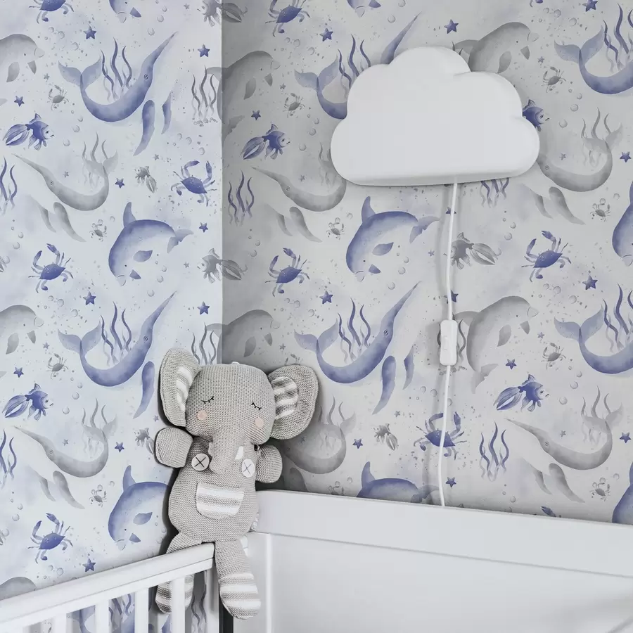 murales de pared Ballenas marinas y delfines en tonos azules sobre fondo blanco a00720v1
