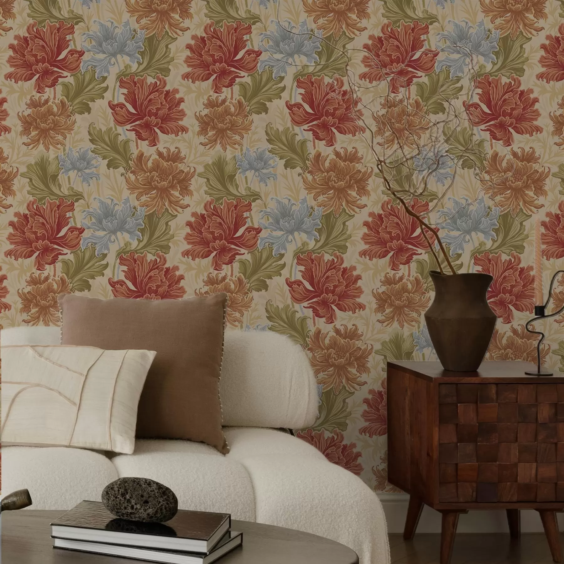 murales de pared Grandes crisantemos en tonos cálidos sobre fondo beige a00743