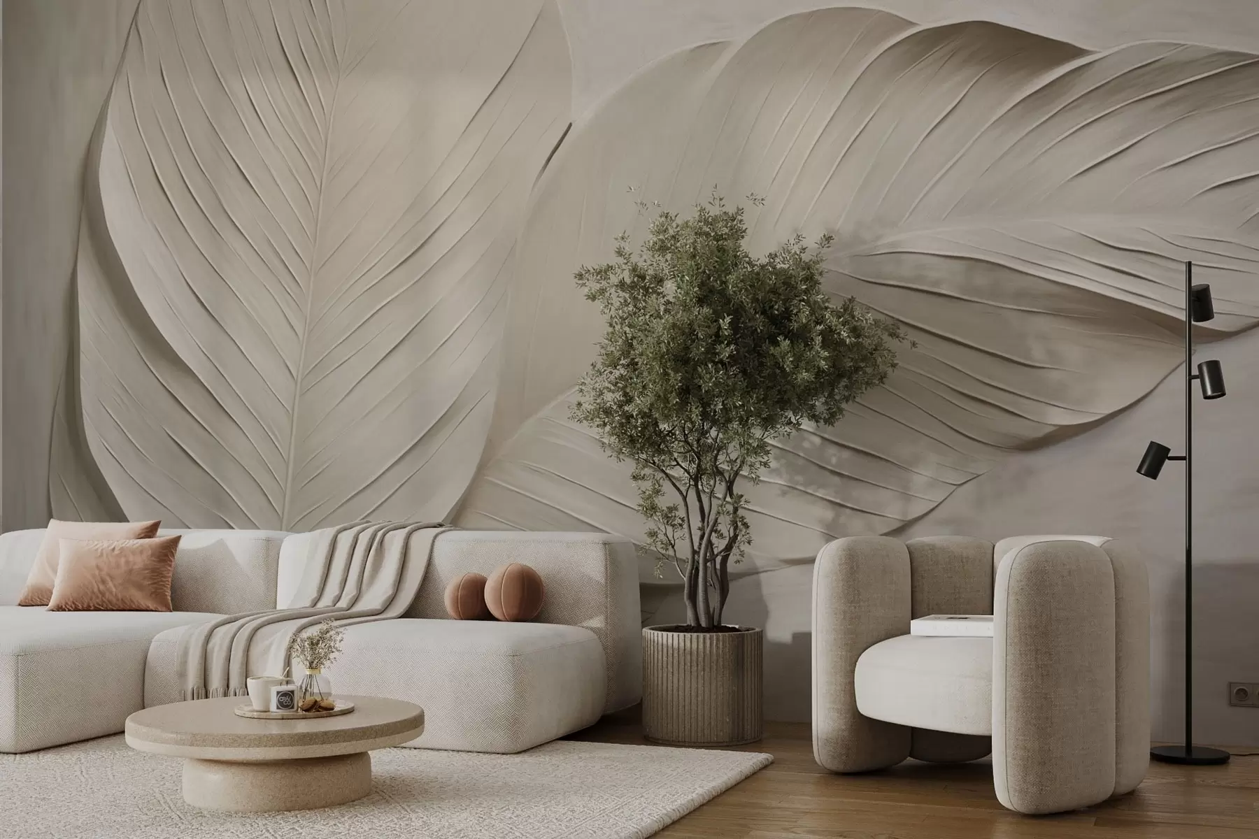murales de pared Hojas beige en relieve con sombras suaves w04614